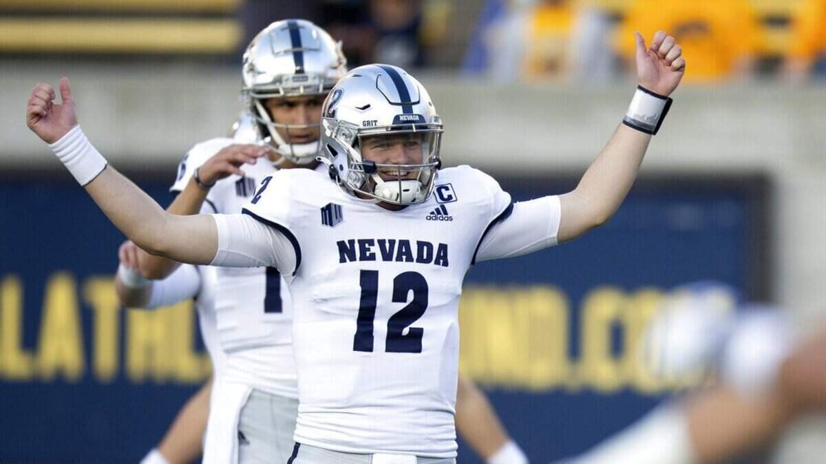Nevada quarterback Carson Strong (12), pictured here playing against Cal last season, had an impressive showing on the first day of Senior Bowl practice Tuesday in Mobile, Ala.