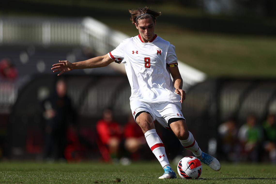 Midfielder Ben Bender for the Maryland Terrapins vs. Northwestern Wildcats in the quarterfinals of the Big Ten Tournament at Ludwig Field in College Park, MD on Sunday, Nov. 7, 2021.