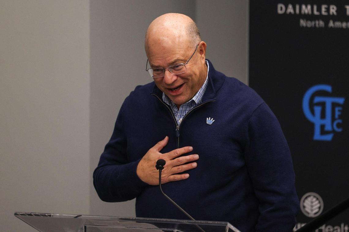 Charlotte FC’s owner David Tepper delivers remarks before the introduction of new head coach Dean Smith at Atrium Health Performance Park on Monday, December 18, 2023.