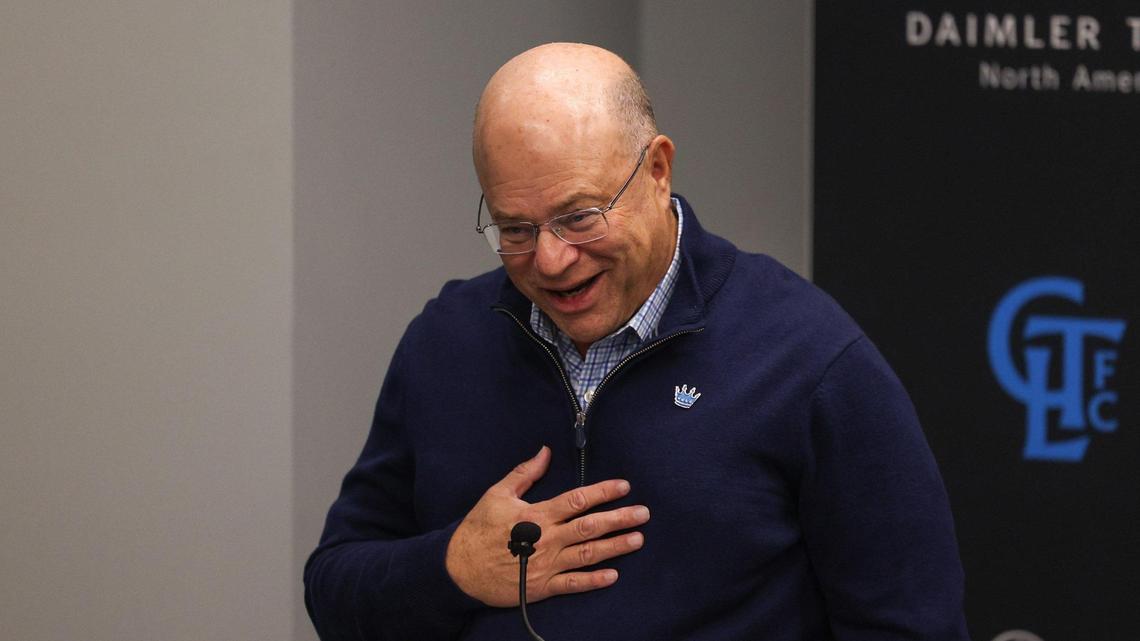 Charlotte FC’s owner David Tepper delivers remarks before the introduction of new head coach Dean Smith at Atrium Health Performance Park on Monday, December 18, 2023.