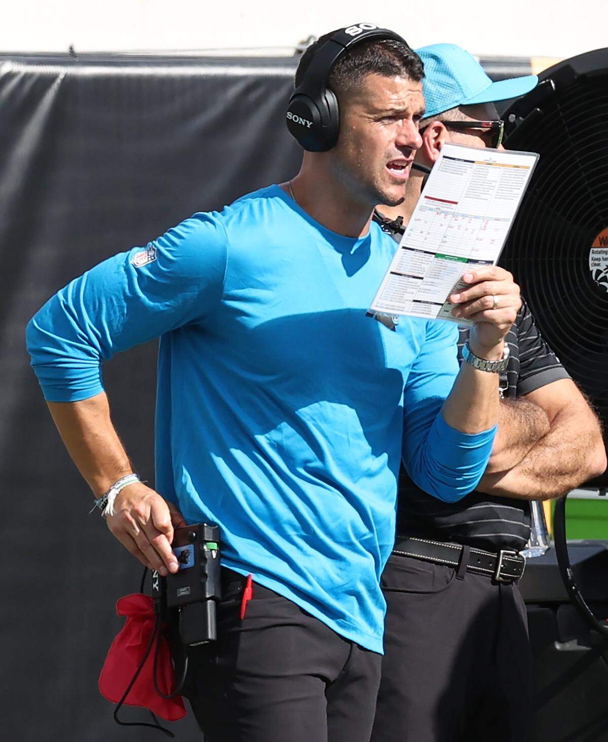 Carolina Panthers head coach Dave Canales watches the offense run a play during action against the Jacksonville Jaguars on Sunday, September 7, 2025 at Everbank Stadium in Jacksonville, Florida. The Jaguars defeated the Panthers 26-10.
