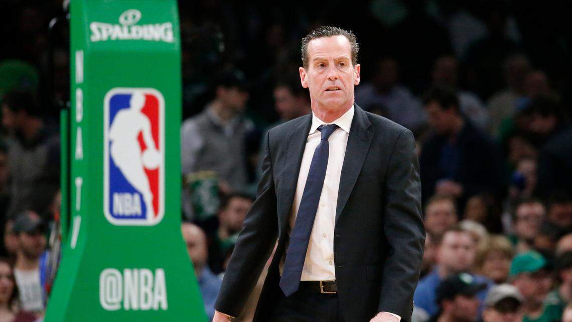 Brooklyn Nets head coach Kenny Atkinson looks on during a timeout in the first half of an NBA basketball game against the Boston Celtics, Tuesday, March 3, 2020, in Boston. (AP Photo/Mary Schwalm)