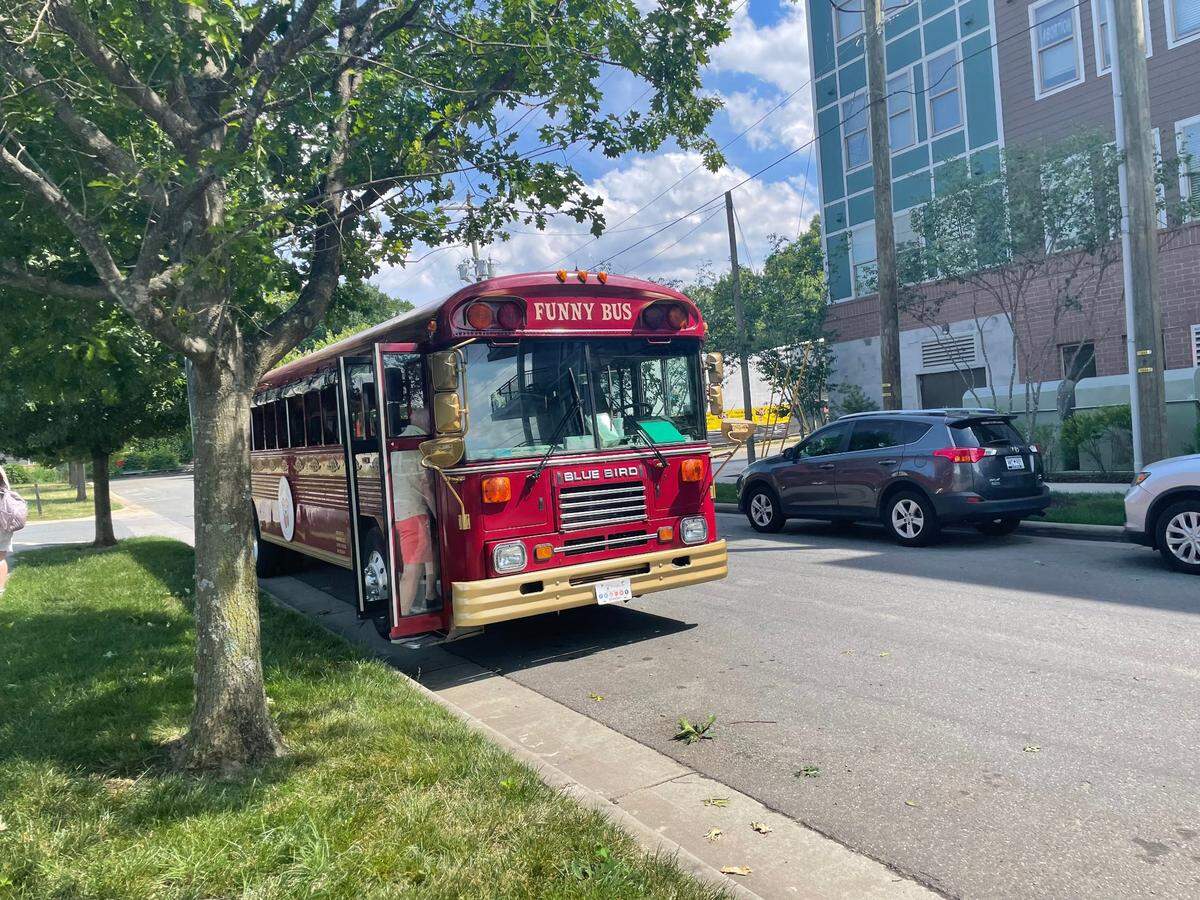 The Funny Bus picks up and drops off at First Ward Park. A mid-tour break gets you a spot to grab a snack at the FreeMoreWest Rhino Market and Deli.
