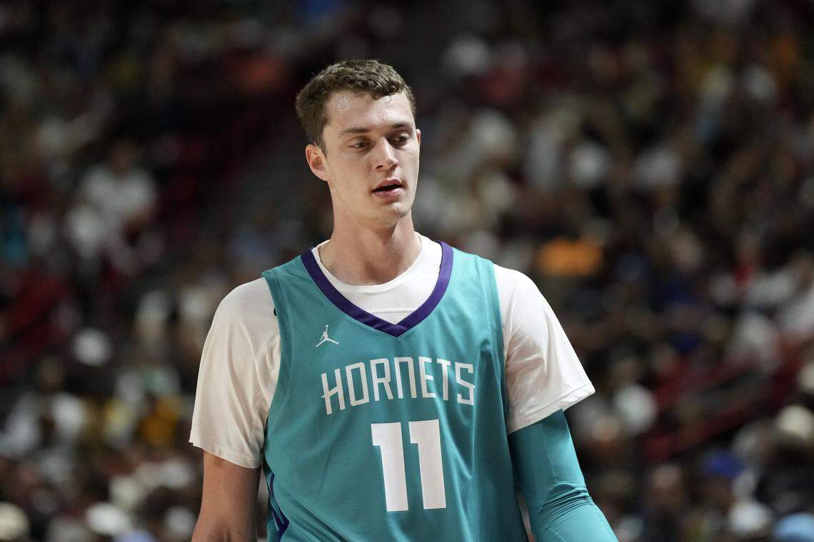 Charlotte Hornets center Ryan Kalkbrenner (11) looks on during the game against the Philadelphia 76ers in the first quarter of their game at Thomas & Mack Center.