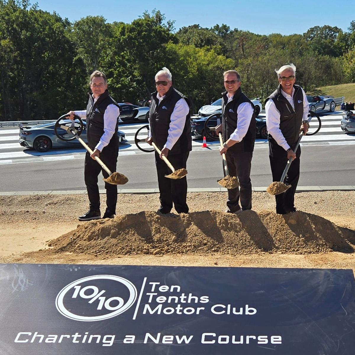 Leaders from Hendrix and Speedway Motorsports participate in a groundbreaking ceremony for the new Ten Tenths Motor Club. Pictured from left, NASCAR Hall of Fame Driver Jeff Gordon; Rick Hendrick, CEO of Hendrick Automotive Group; Marcus Smith, CEO of Speedway Motorsports; and Greg Walter, president of Charlotte Motor Speedway.