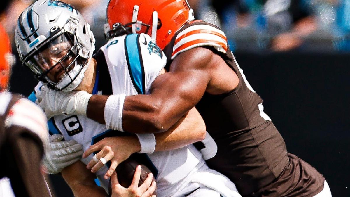 Carolina Panthers quarterback Baker Mayfield (6) is sacked by Cleveland Browns defensive end Myles Garrett (95) during a game at Bank of America Stadium in Charlotte, N.C., Sunday, Sept. 11, 2022.