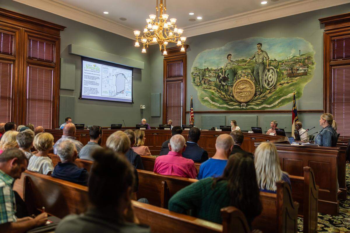 Sherry Ashley, planning director for the City of Statesville, speaks during a hearing by the Statesville Planning Board on a rezoning request for the proposed Stamey Farms data center in  Statesville, N.C., on Tuesday, August 26, 2025.