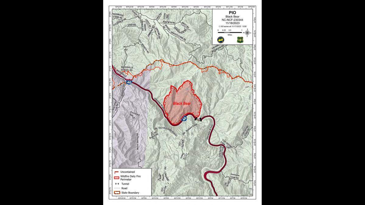The Black Bear Fire has burned nearly 1,200 rugged acres just north of I-40 in northern Haywood County, North Carolina Forest Service officials said on Facebook late Friday, Nov. 17, 2023.