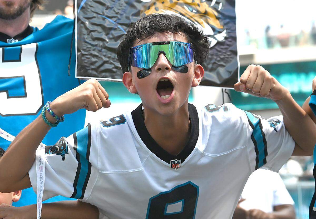 A Carolina Panthers fan is pumped up as the team prepares to play the Jacksonville Jaguars on Sunday, September 7, 2025 at Everbank Stadium in Jacksonville, Florida.
