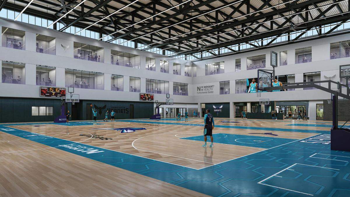 A rendering of the practice court inside the Novant Health Performance Center.