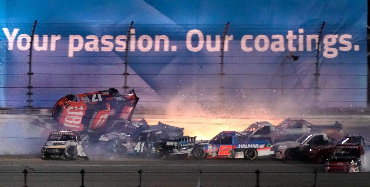 Taylor Gray goes airborne during the NASCAR Craftsman Truck Fresh From Florida 250 at Daytona International Speedway, Friday, Feb. 16, 2024.