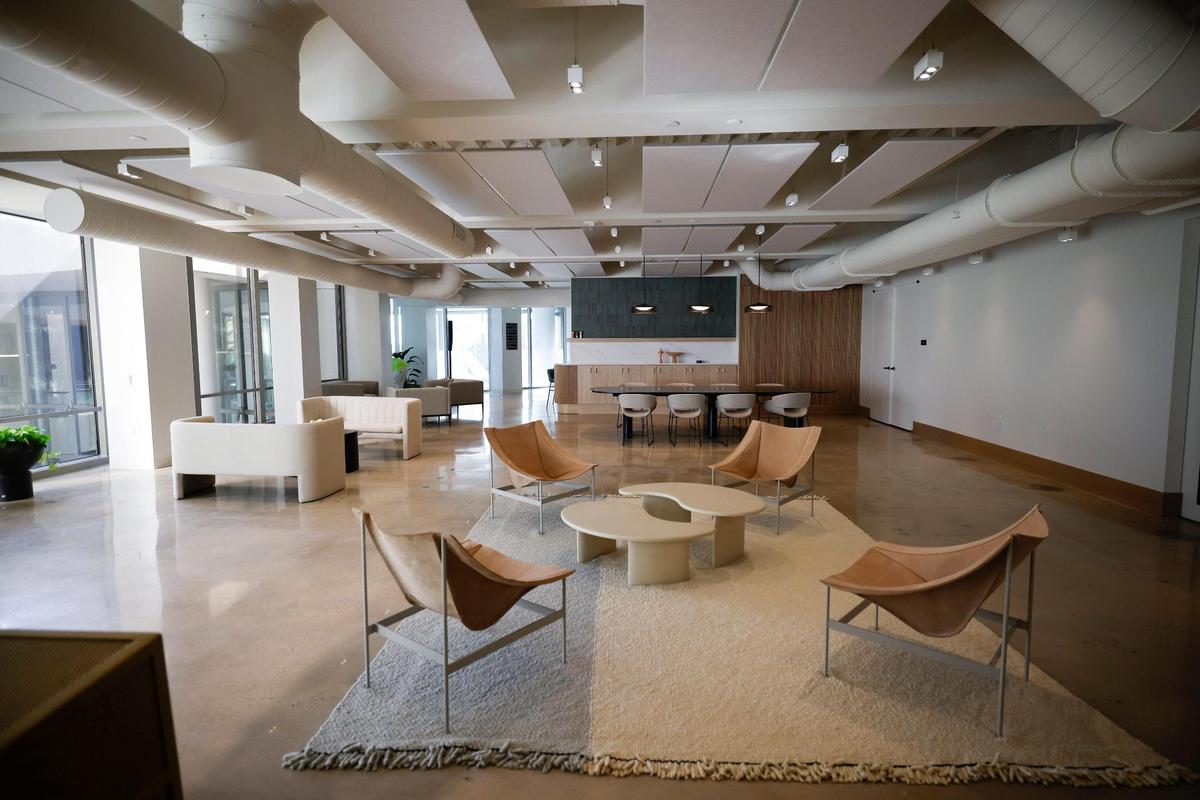 A lounge and work area on the third floor of One South, a 40-story office tower at the Square at Trade and Tryon. The building’s owners hope by investing in the space and offering tenants more of an experience, more tenants will sign leases.