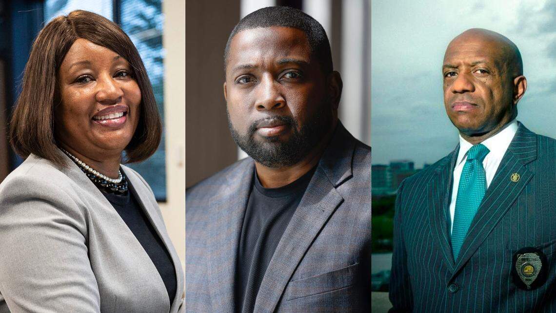 Charlotte Mecklenburg County Sheriff candidates Aujiena “Gina” Hicks. Left, Marquis Robinson, center, and current Charlotte-Mecklenburg County Sheriff, Garry McFadden, right. 