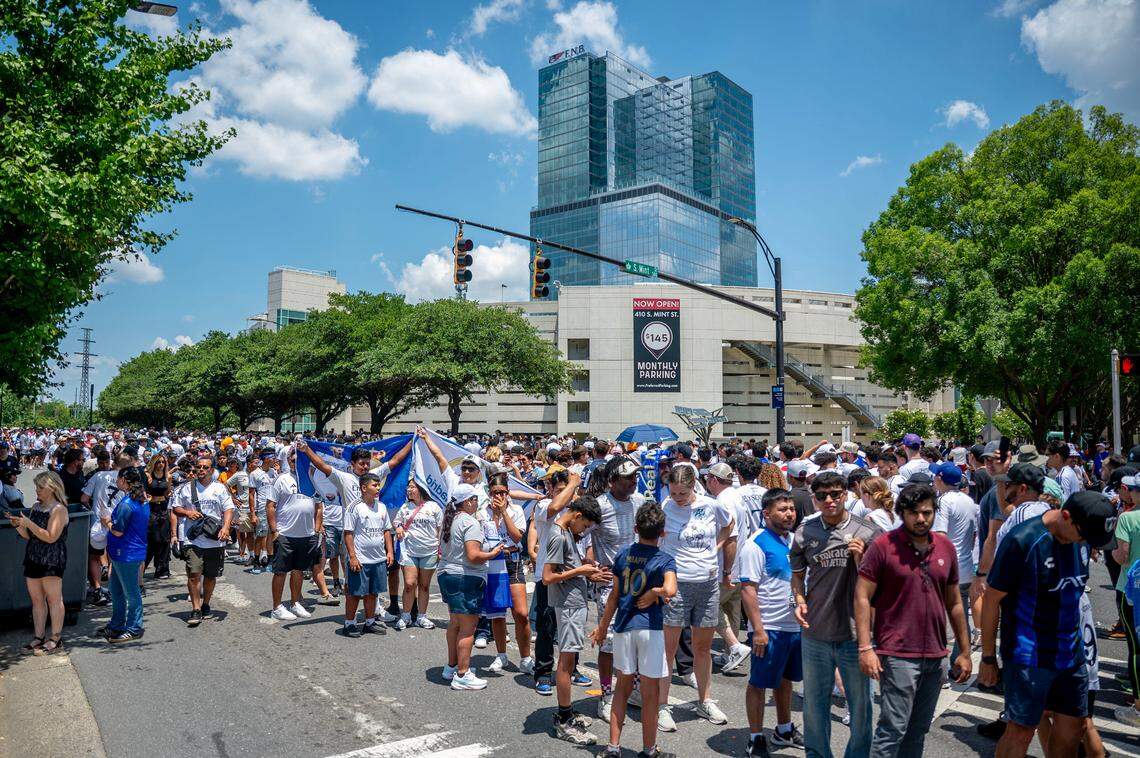 Fans gather at Bank of America in uptown Charlotte to cheer for their team: of Real Madrid and CF Pachuca play in Club World Cup Sunday, June 22, 2025.