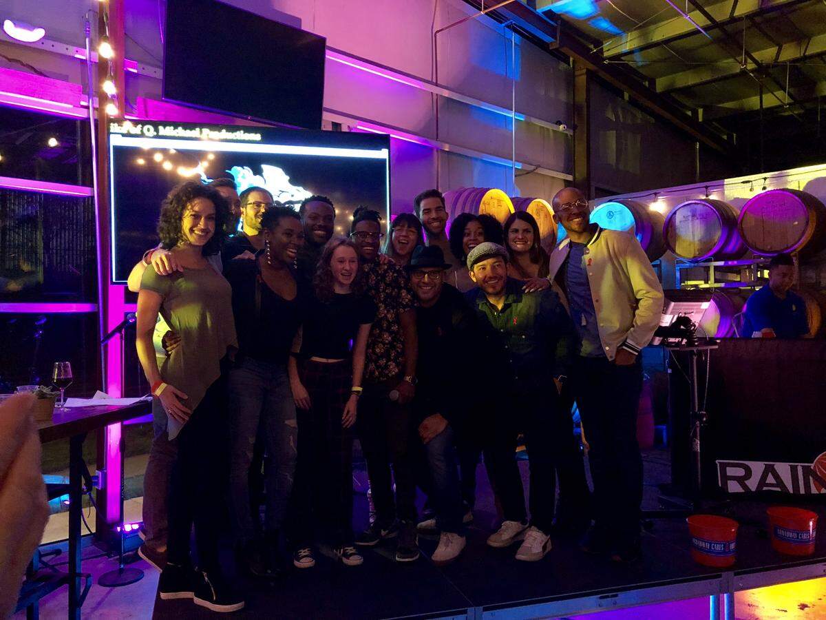 The 14-year-old winner of the karaoke contest, along with members of the “Hamilton” company, at Resident Culture Brewery in Charlotte.