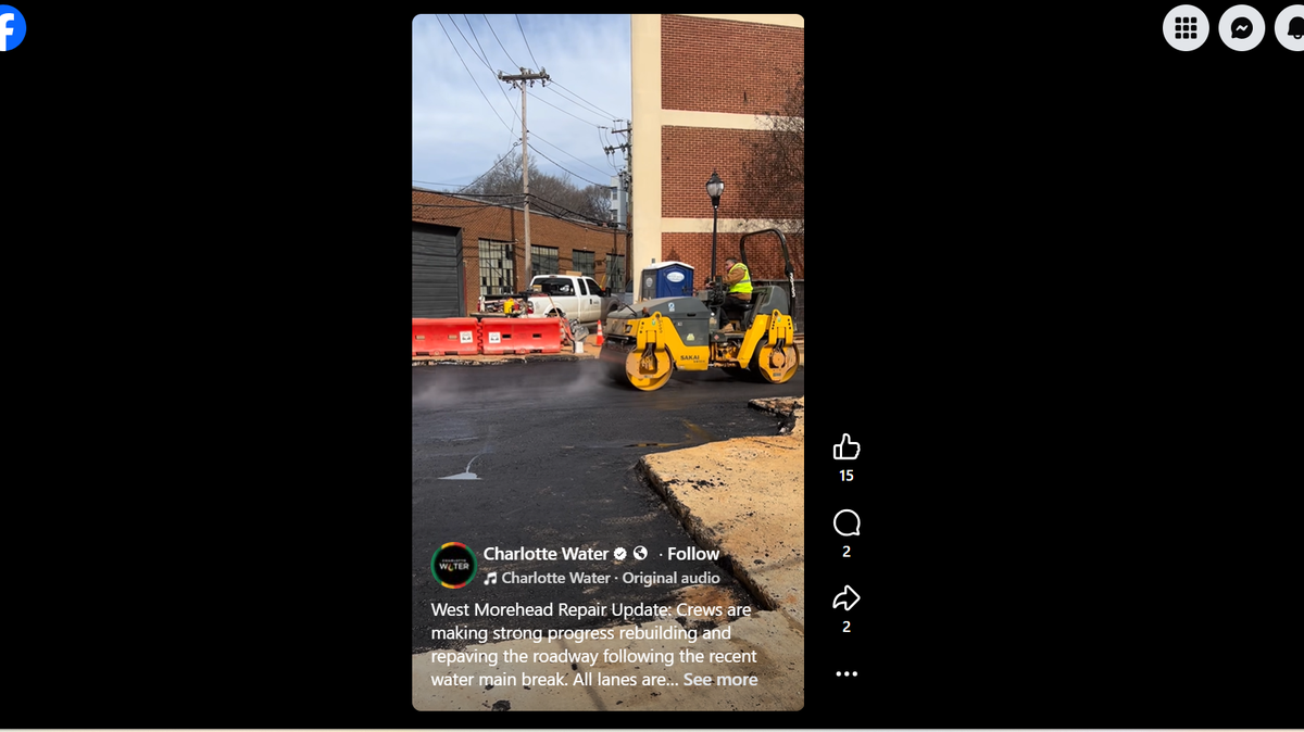 Charlotte Water said West Morehead Street would reopen before rush hour Friday after crews repaired a broken water main and repaved the road.