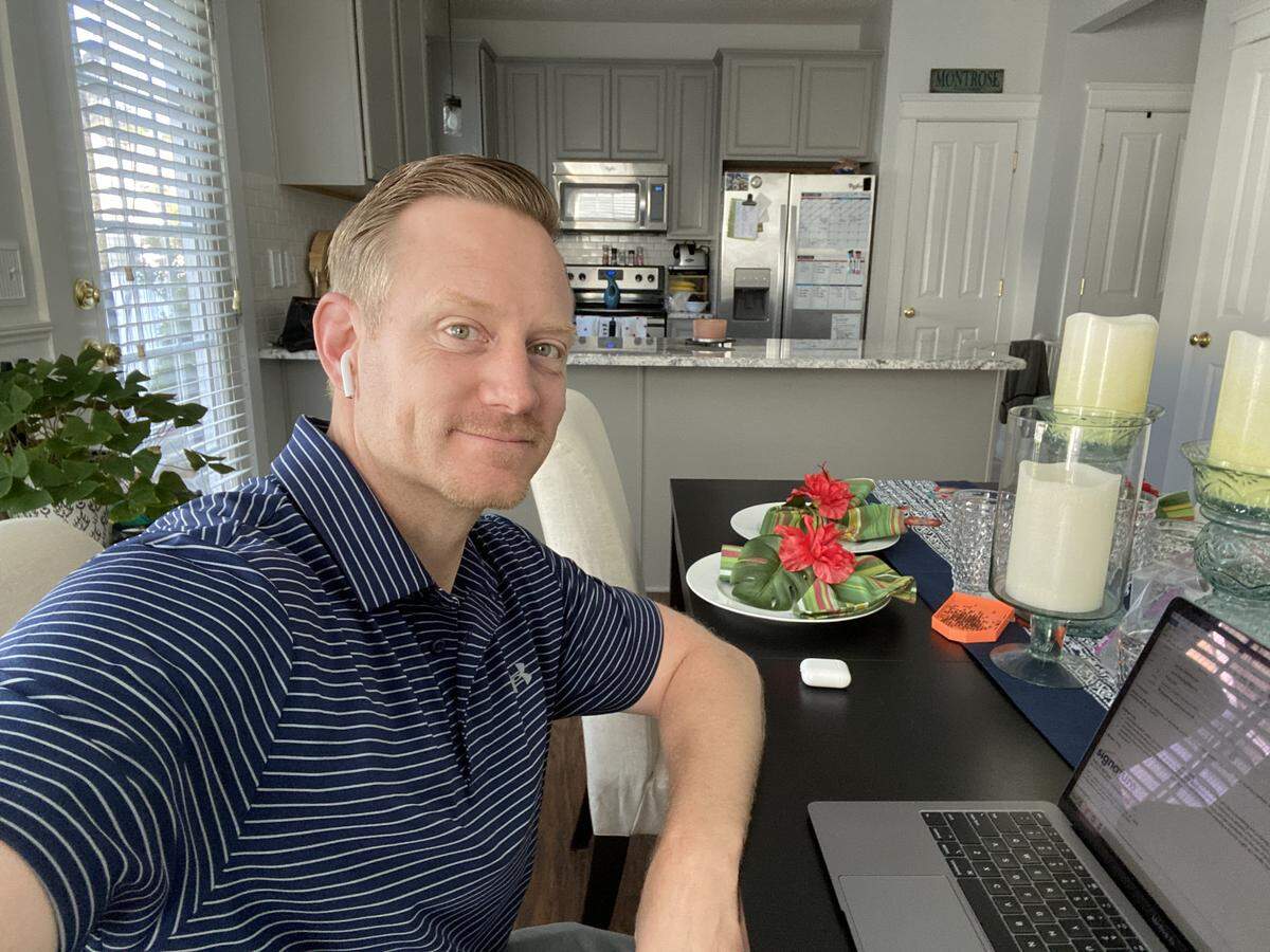 Patrick Milligan, a senior account manager at Signature Consultants, uses creative virtual backgrounds for videoconferencing and switches them frequently.