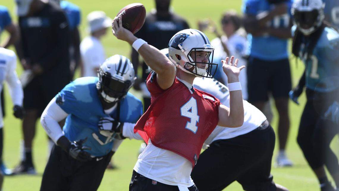 Carolina Panthers quarterback Garrett Gilbert (4) is the leader in the clubhouse to be Cam Newton’s primary backup this season. Gilbert, 26, will take over as the backup after one Newton-led series on Thursday against Buffalo.
