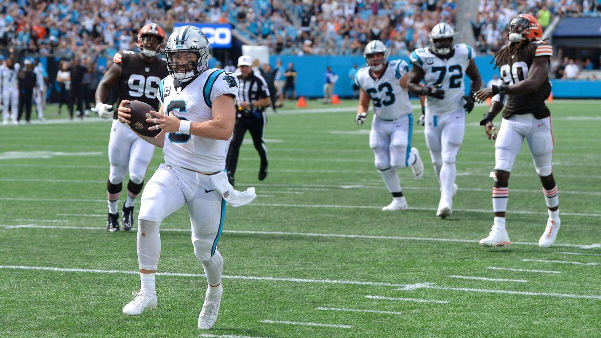 Carolina Panthers quarterback Baker Mayfield runs for a touchdown during the fourth quarter against Cleveland Sunday. The Browns defeated the Panthers 26-24.