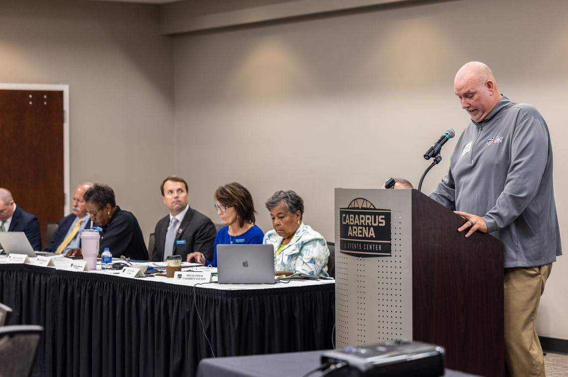 Jason Fowler speaks during an NCHSAA regional meeting at Cabarrus Arena in Concord, N.C., on Monday, Sept. 15, 2025.