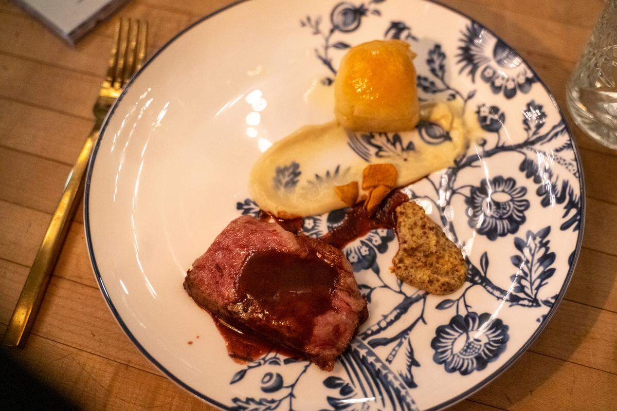 Wagyu Strip loin, Bordelaise, Bone Marrow Yeast Roll, Mustard, Sunchoke at a recent Anomaly pop-up dinner. 