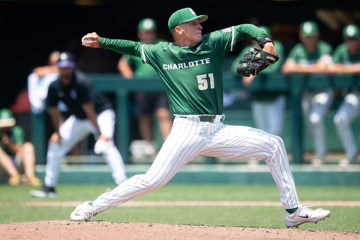 Charlotte’s Wyatt Hudepohl (51) throws a pitch during a NCAA baseball regional game between Lipscomb and Charlotte held at Doug Kingsmore Stadium in Clemson, S.C., on Saturday.