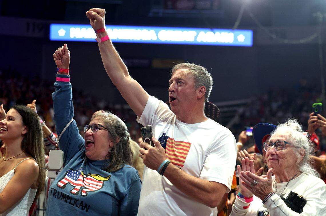 Supporters cheer former President Donald Trump during a rally at Bojangles Coliseum in Charlotte, NC on Wednesday, July 24, 2024.