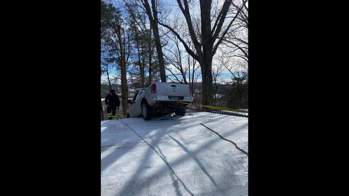This truck was found teetering over the edge of a 200-foot cliff when it broke through a guard rail over the Duck River in Middle Tennessee.