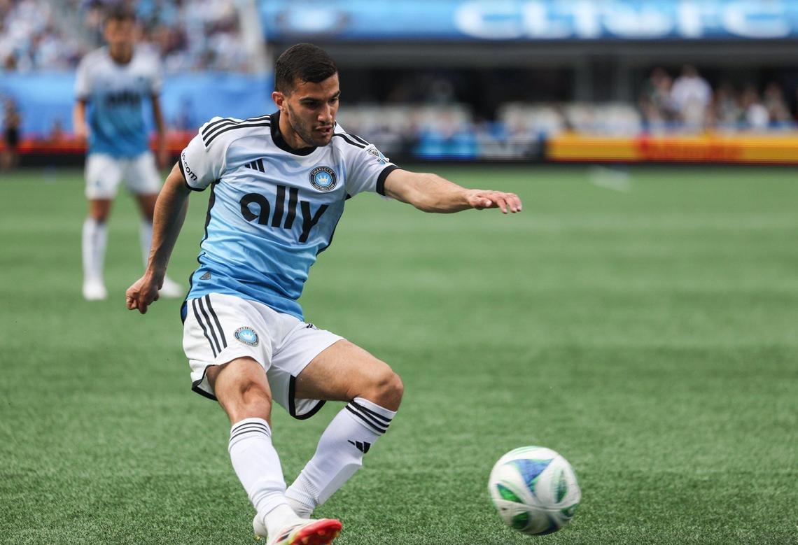 Charlotte FC’s Liel Abada kicks the ball during the match against Atlanta United on March 1, 2025, at Bank of America Stadium.