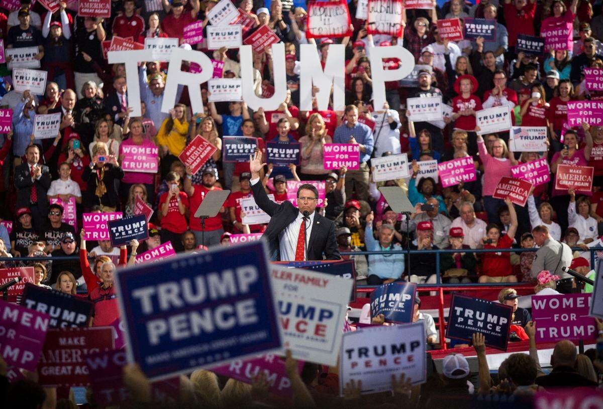 Gov. Pat McCrory speaks during a rally for Republican presidential candidate Donald J. Trump Monday, November 7, 2016 at Dorton Arena in Raleigh, NC. McCrory faces Ted Budd in the 2022 U.S. Senate Republican primary race for North Carolina. Donald Trump supports Budd.