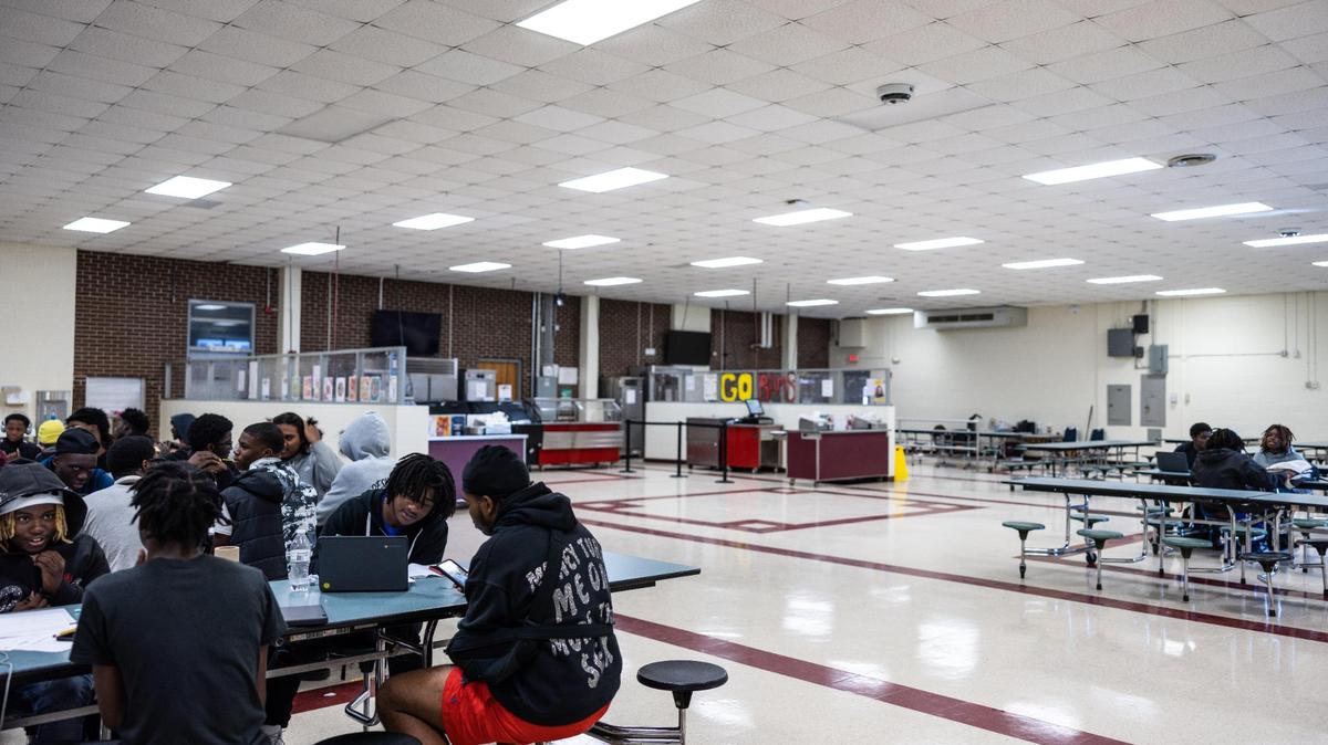 Students work during a study hall in the cafeteria at Harding University High School in Charlotte, N.C., on Wednesday, October 5, 2023. Harding is one of the schools that will see new buildings if voters pass CMS’ $2.5 billion bond referendum.