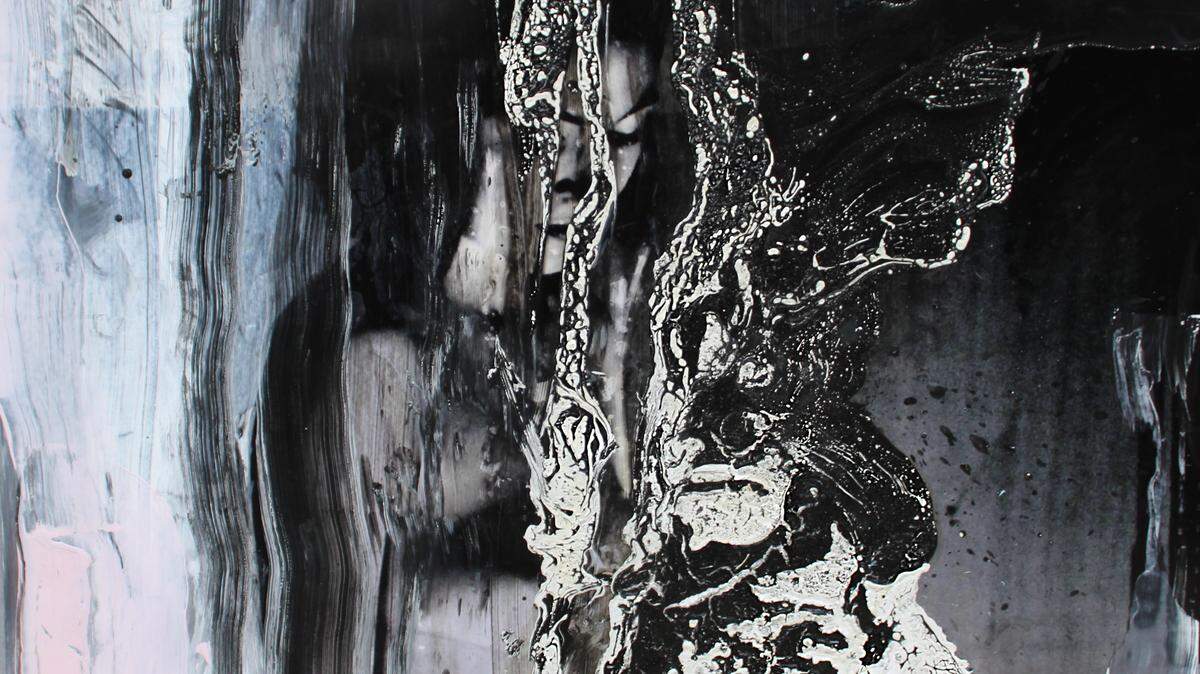 Case Baumgarten is one of five artists with work on view in Black X White, a new exhibition at Anne Neilson Fine Art. This work illustrates the variety of media on view, as it was made with photo transparency, oil, acrylic, ink and stain. 
