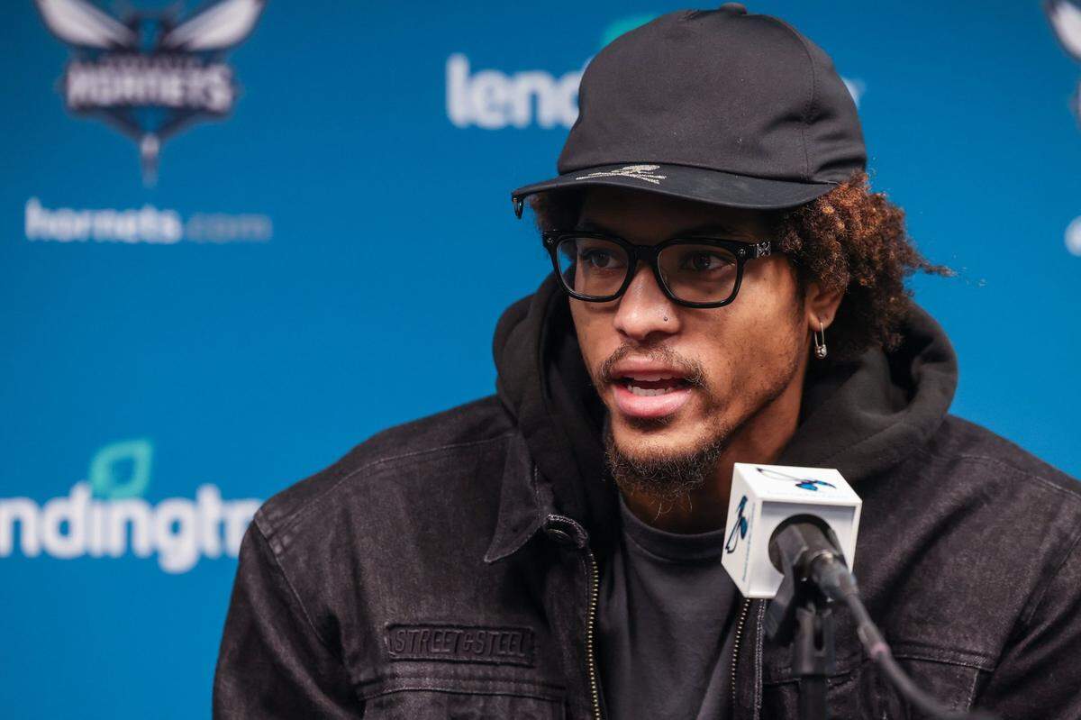 Hornets forward Kelly Oubre, Jr. during interviews wrapping up the end of the Hornets’ season at Spectrum Center on Monday, April 10, 2023.