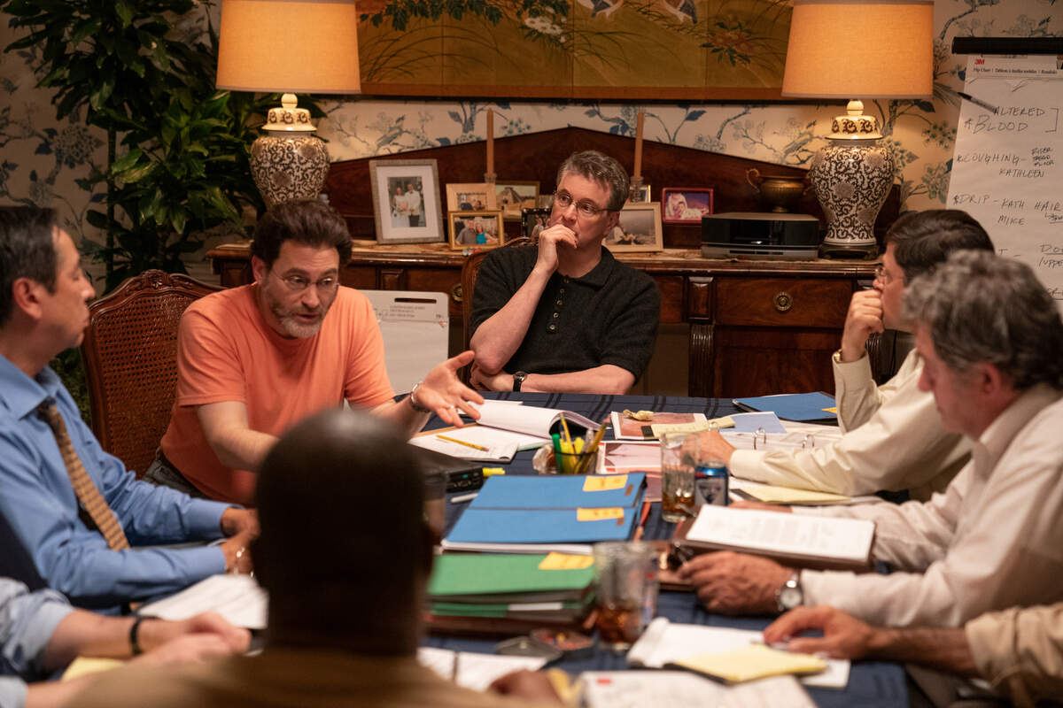 Michael Stuhlbarg as David Rudolf and Colin Firth as Michael Peterson, in a scene from HBO Max’s “The Staircase.”