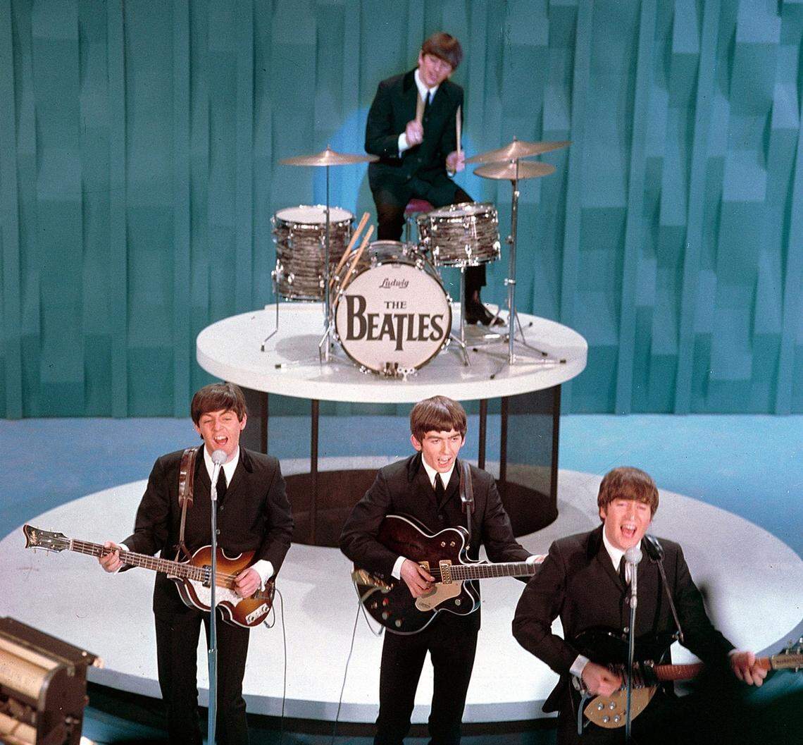The Beatles on “The Ed Sullivan Show” on Feb. 9, 1964. Demand for Ludwig drums exploded after 73 million people in the U.S. watched the show, and Beatlemania was born.