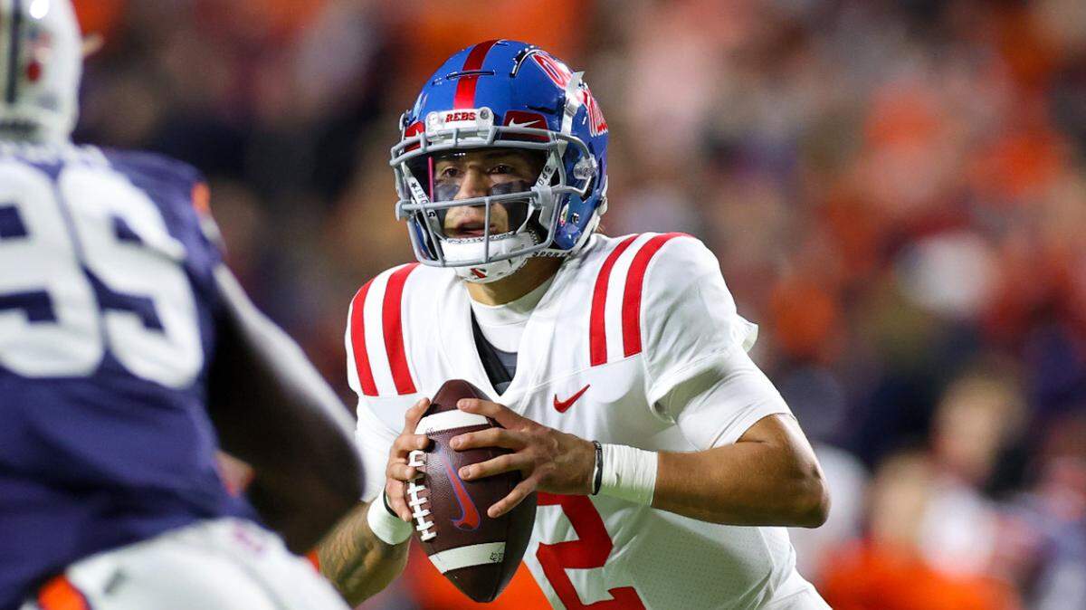Matt Corral, who the Carolina Panthers drafted in the third round in the 2022 NFL draft, throws a pass for Ole Miss against Auburn in 2021.