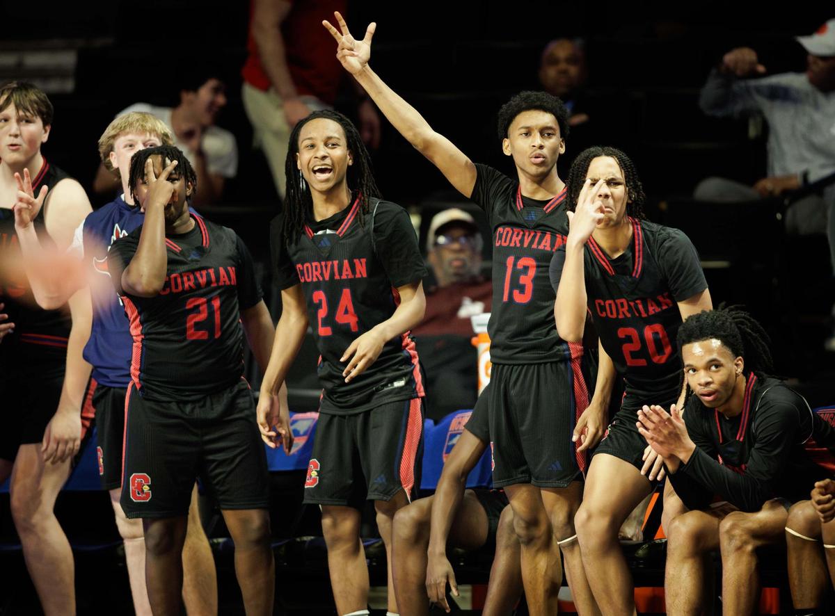 Corvian’s bench celebrates a 3-point basket during late 1st half action. Corvian would play Southern Wake in the 1A Men’s Basketball NCHSAA Championship Friday 14, 2025.