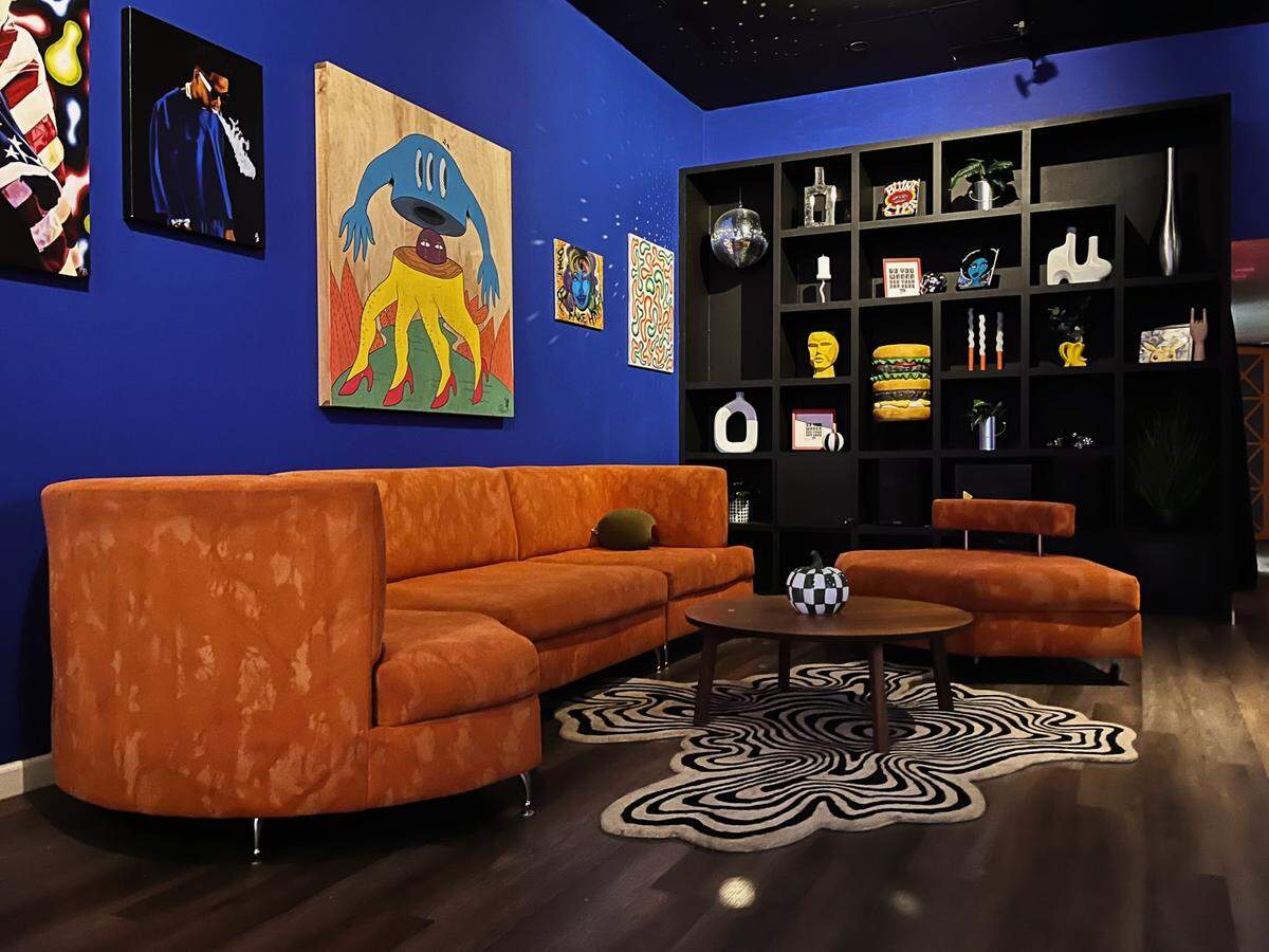 Funky furniture and accents compliment the art at Gallery House.