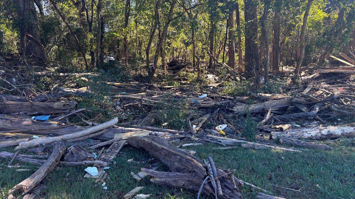 Debris from Tropical Storm Helene is pictured near the Lake Wylie Dam Access on Oct. 18, 2024.