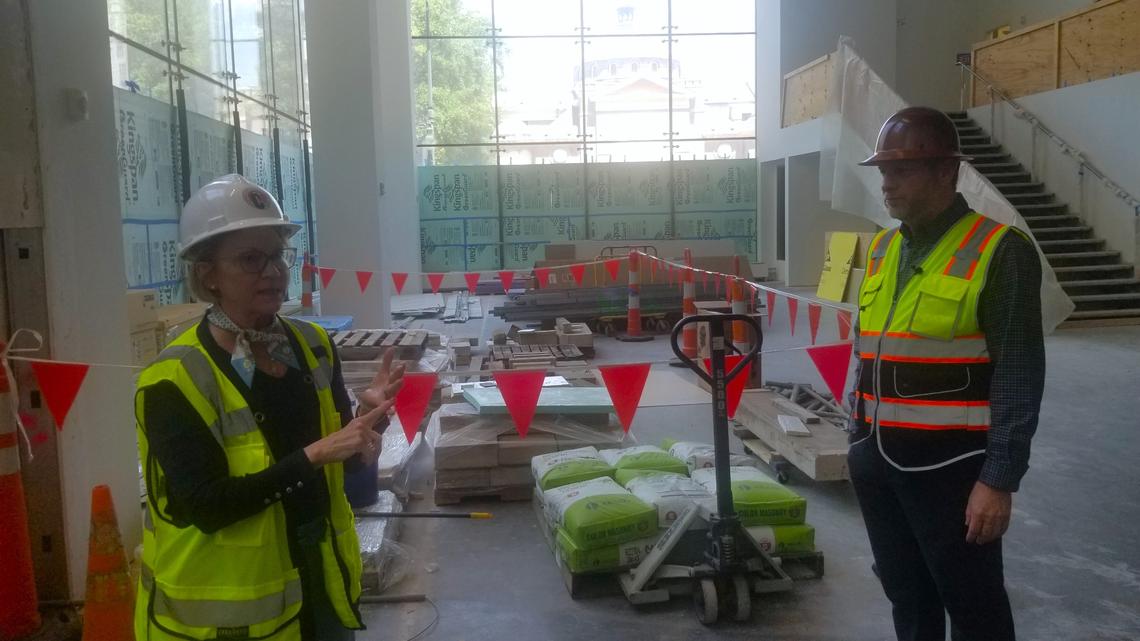 Cathy Bessant, president of the Foundation for the Carolinas, and project manager Sean Seifert gives Charlotte media a tour of the Carolina Theatre in uptown.