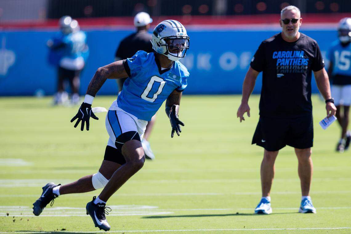 Carolina Panthers tight end Ja'Tavion Sanders (0) runs a route during training camp 