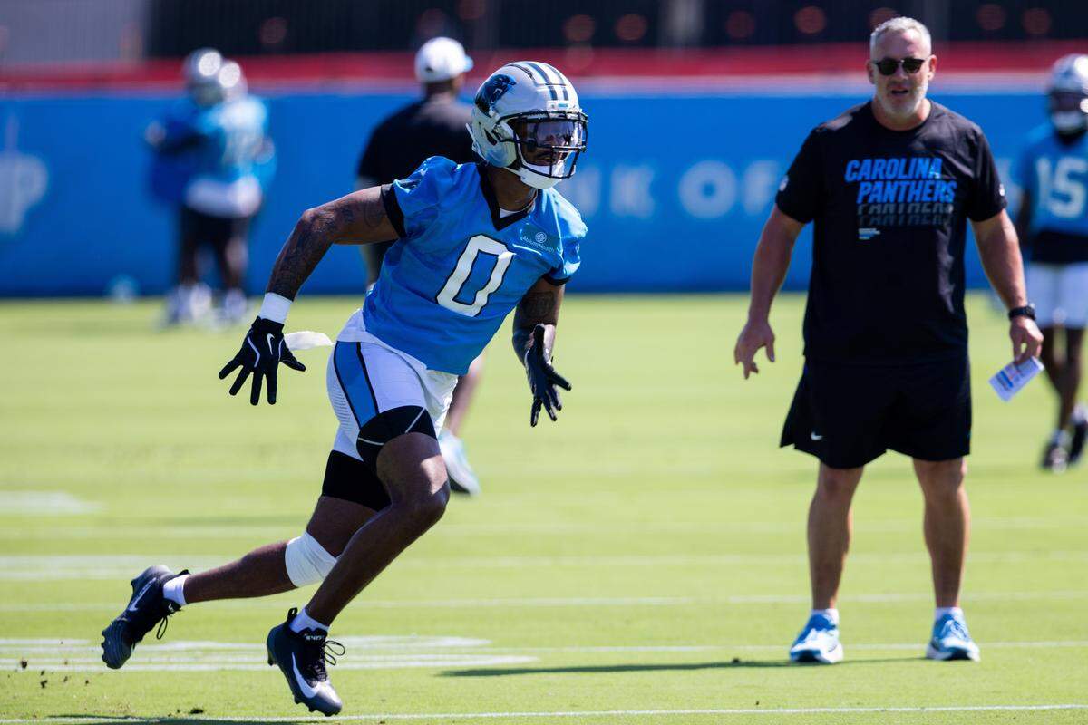 Jul 23, 2025; Charlotte, NC, USA; Carolina Panthers tight end Ja'Tavion Sanders (0) runs a route during training camp Mandatory Credit: Scott Kinser-Imagn Images