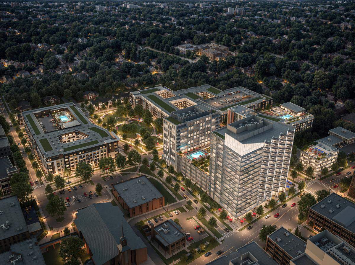 An aerial rendering of Centre South, a $500 million, mixed-use development at the edges of Dilworth, South End and Uptown. Phase one of the development, Twelve03, will break ground this year with 329 apartments.