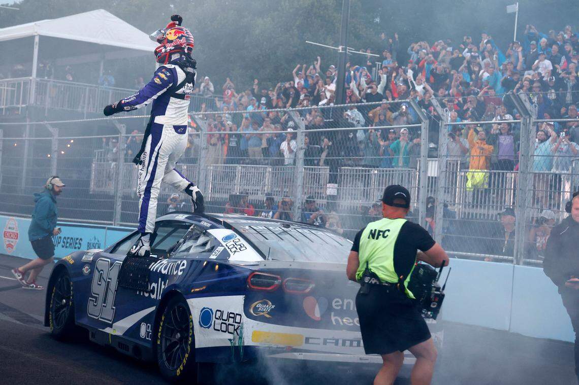 NASCAR Cup Series driver Shane Van Gisbergen (91) reacts after winning the Grant Park 220 of the Chicago Street Race at Chicago Street Race.