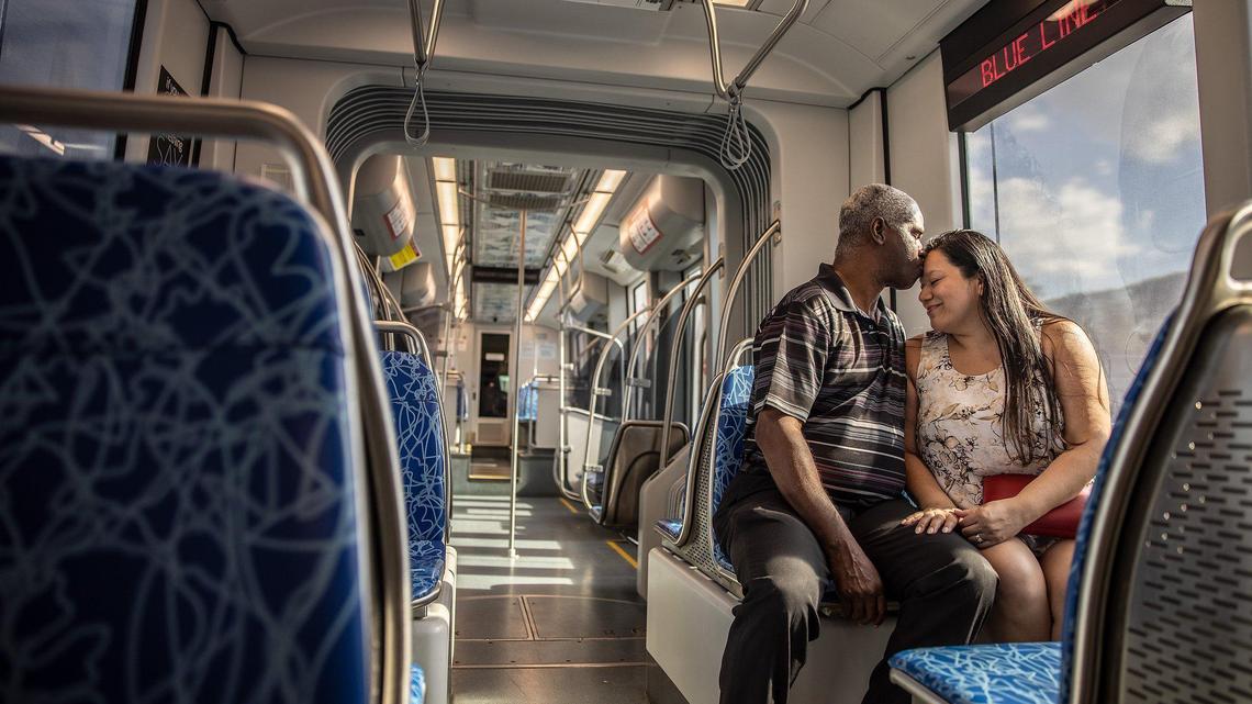 George Birlet, left, and his wife, Pam, sit on the bus at the last stop of the Light Rail in Charlotte, N.C., on Wednesday, June 23, 2021.