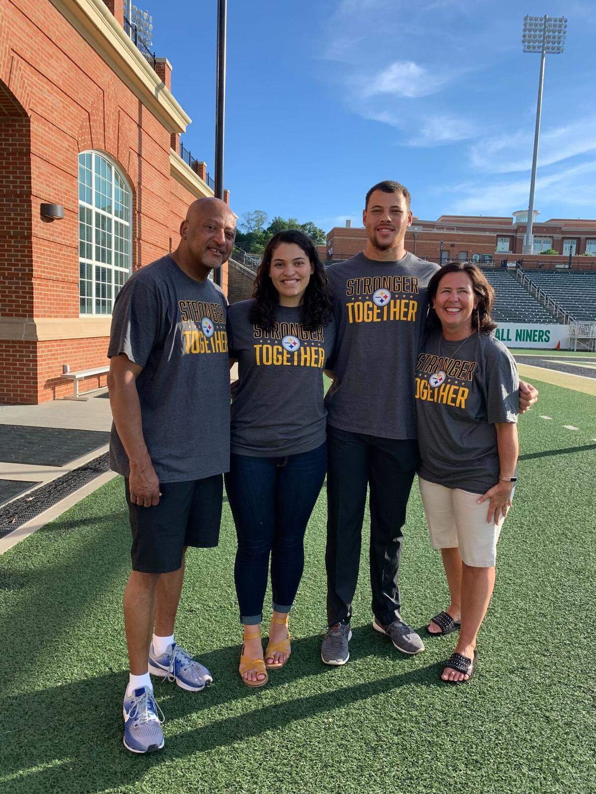 Since Alex Highsmith was drafted by the Pittsburgh Steelers, his parents Sam (far left) and Pam (far right), have only missed a handful of his games. His sister Lauryn (center left) has also traveled to support her brother.