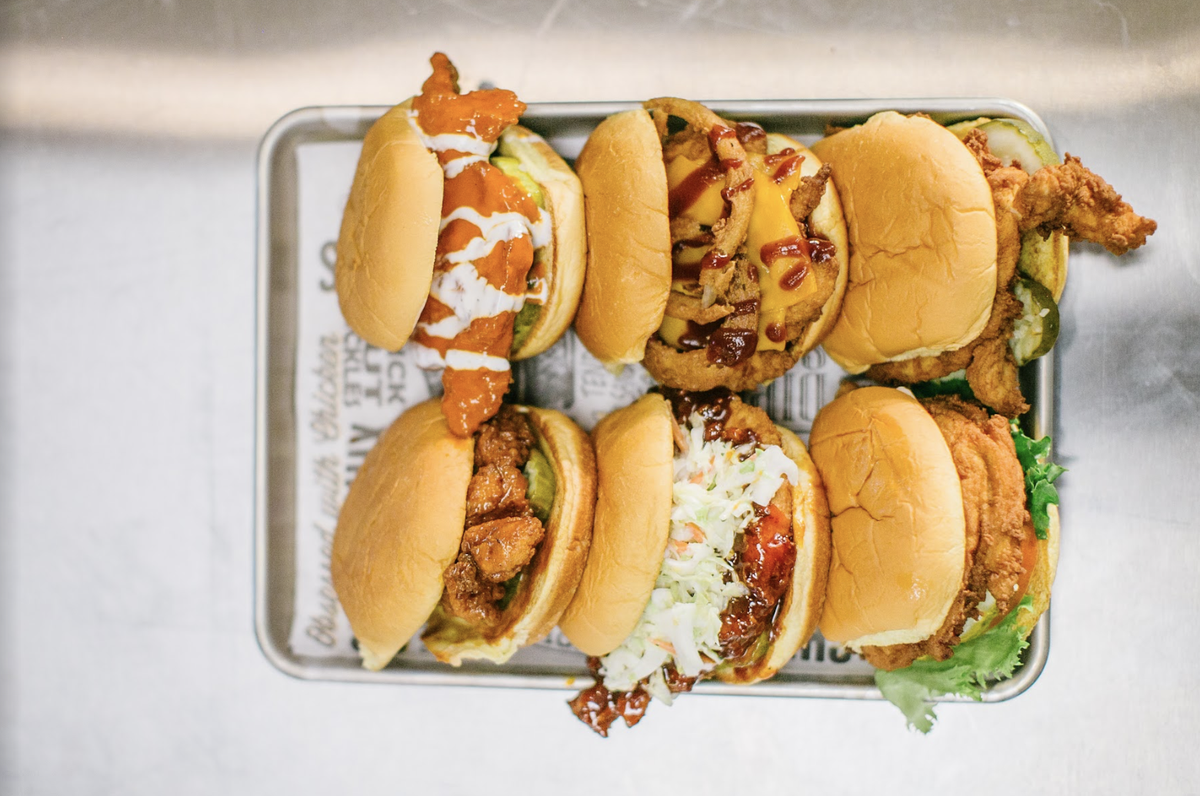 The Simple at Super Chix comes with a chicken filet and kosher pickles on a butter-toasted potato bun. Other options include Cheesy BBQ, Buffalo Ranch and more.