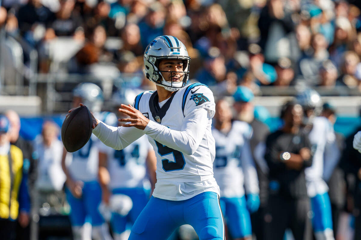 Carolina Panthers quarterback Bryce Young (9) throws a pass against the Jacksonville Jaguars during the first quarter at EverBank Stadium.