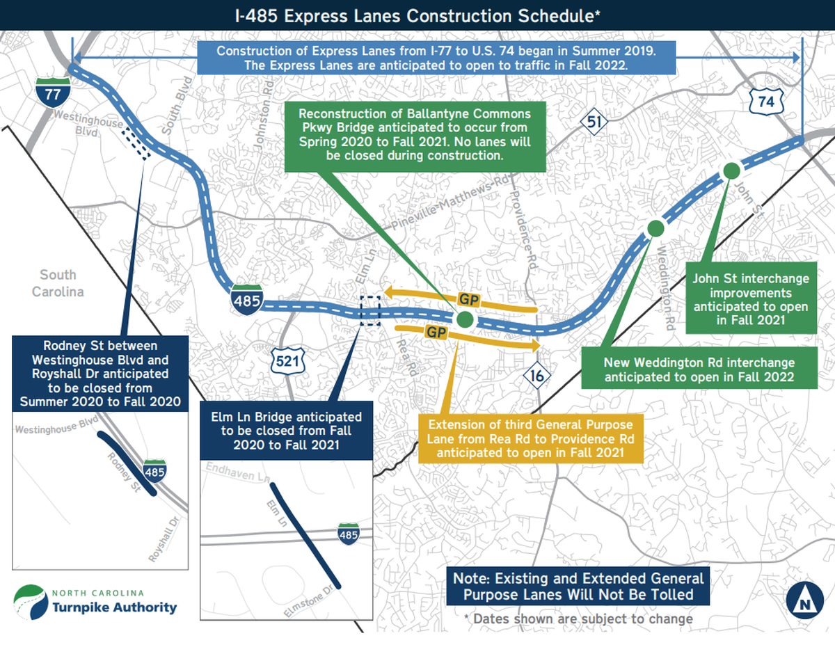 This image from the North Carolina Turnpike Authority shows some of the improvements planned or underway as part of express lane construction along Interstate 485 in southern Mecklenburg County.
