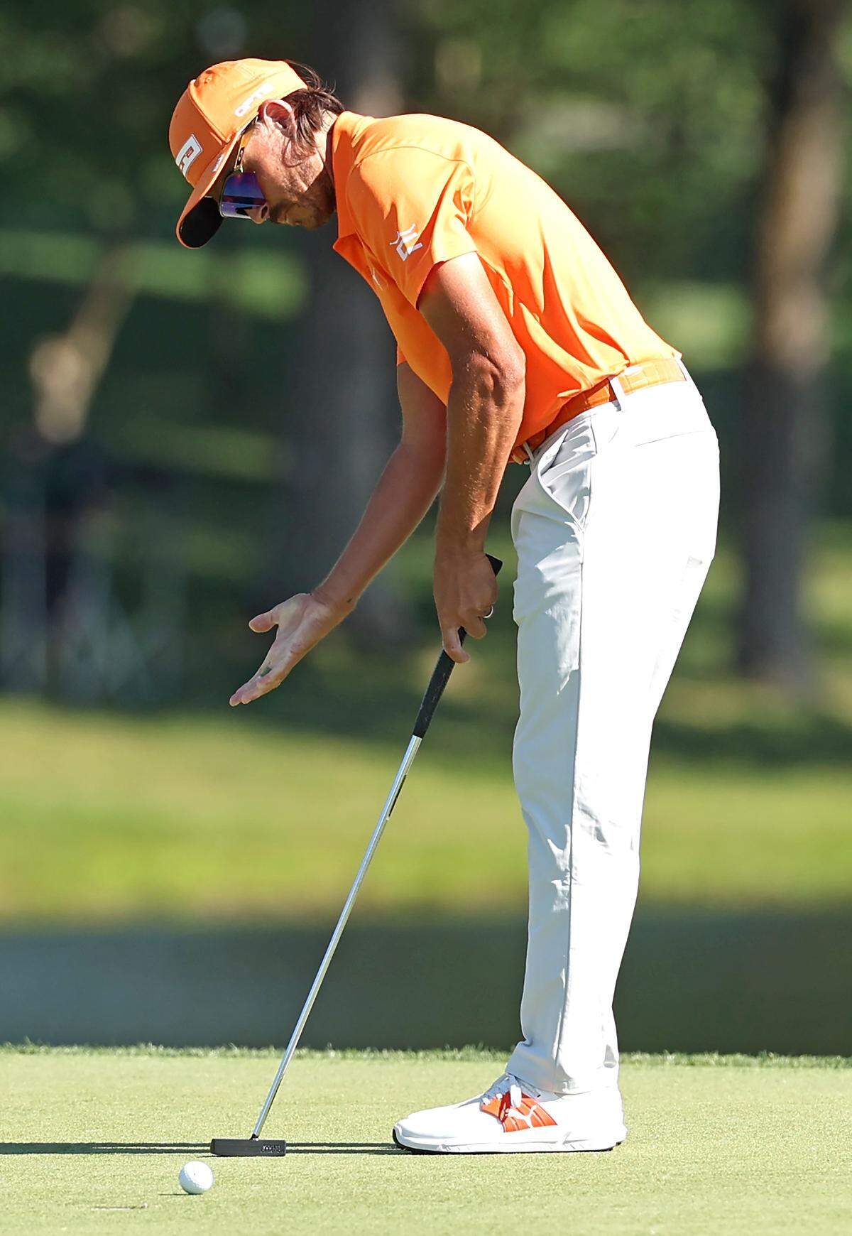 Rickie Fowler reacts to a missed putt on the 16th green during the final round of the Truist Championship at Quail Hollow Club in Charlotte, NC on Sunday, May 10, 2026. Fowler finished tied for second place at -13 for the championship.
